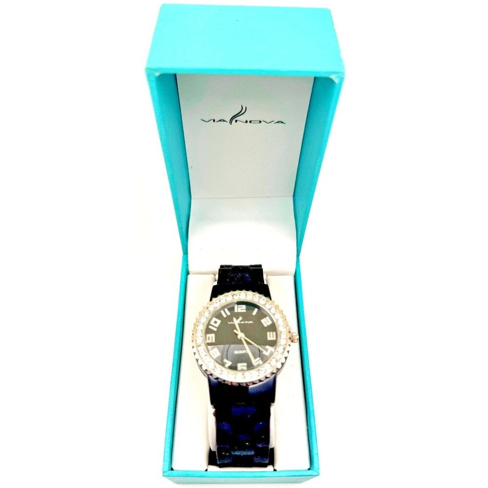 Via Nova Black Rubber Rhinestone Ladies Watch Timepiece Chronograph
